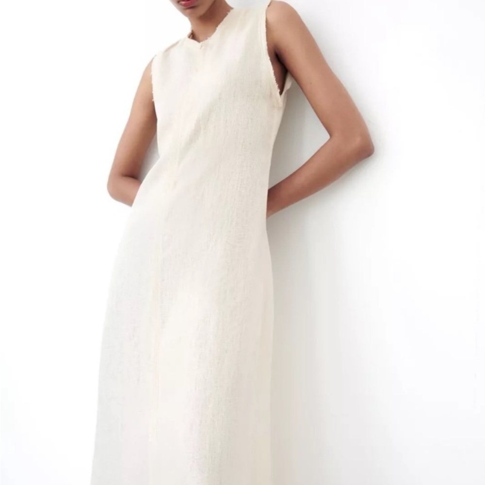 Zara cream classic Linen Midi Dress linen sustainable materials size xxl
